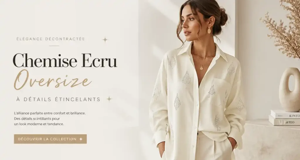 Chemise Ecru Oversize à Détails Étincelants