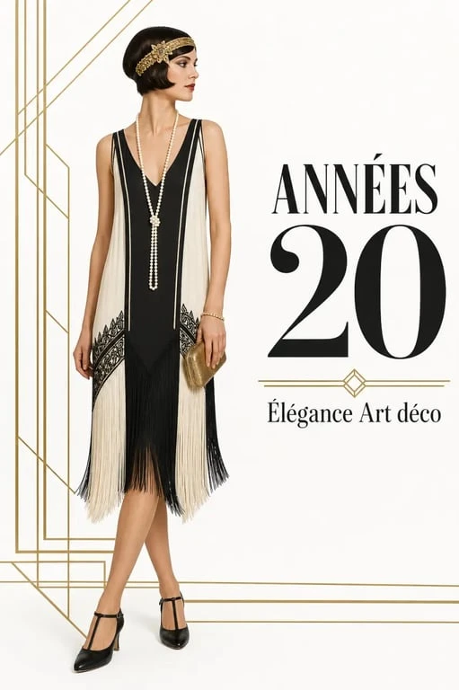 Mode année 20 femme : look complet années 20 avec robe fluide, perles, headband bijou et coiffure bob
