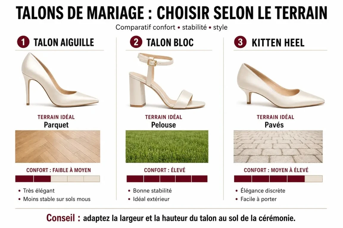 Infographie comparative des types de chaussures pour un mariage invité : talons blocs, aiguilles et kitten heels