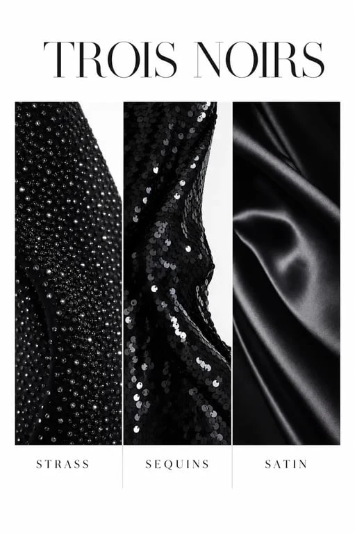 Différentes textures de robe noire strass, sequins et satin pour un look de soirée élégant