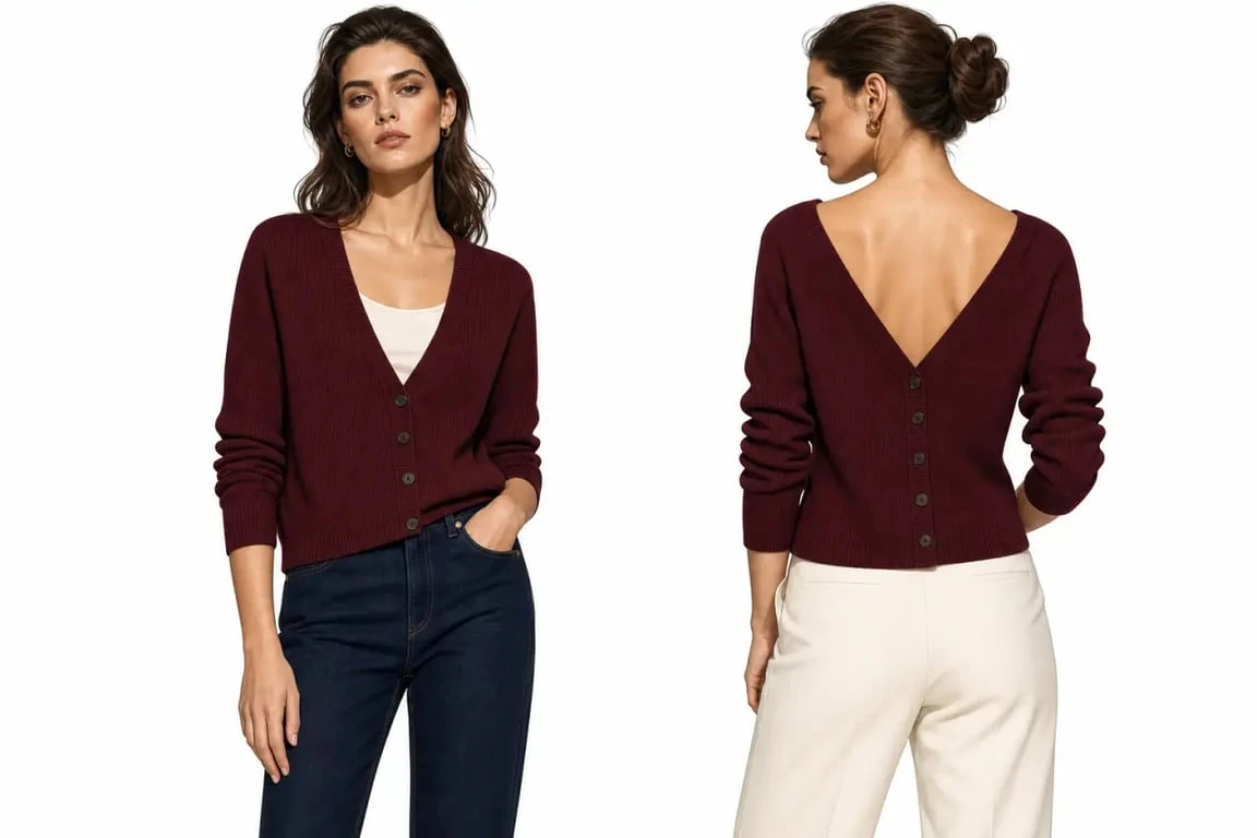 Gilet bordeau bordeaux porté devant et dans le dos dans une composition éditoriale de mode