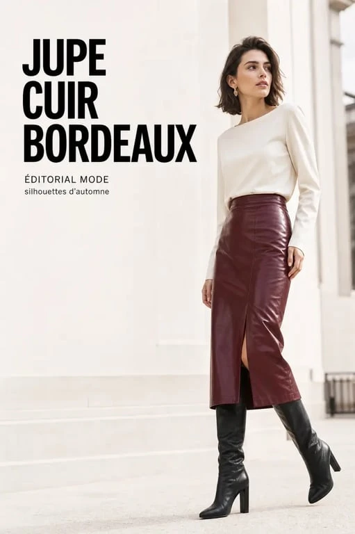 Jupe cuir bordeaux portée dans une tenue chic et sobre