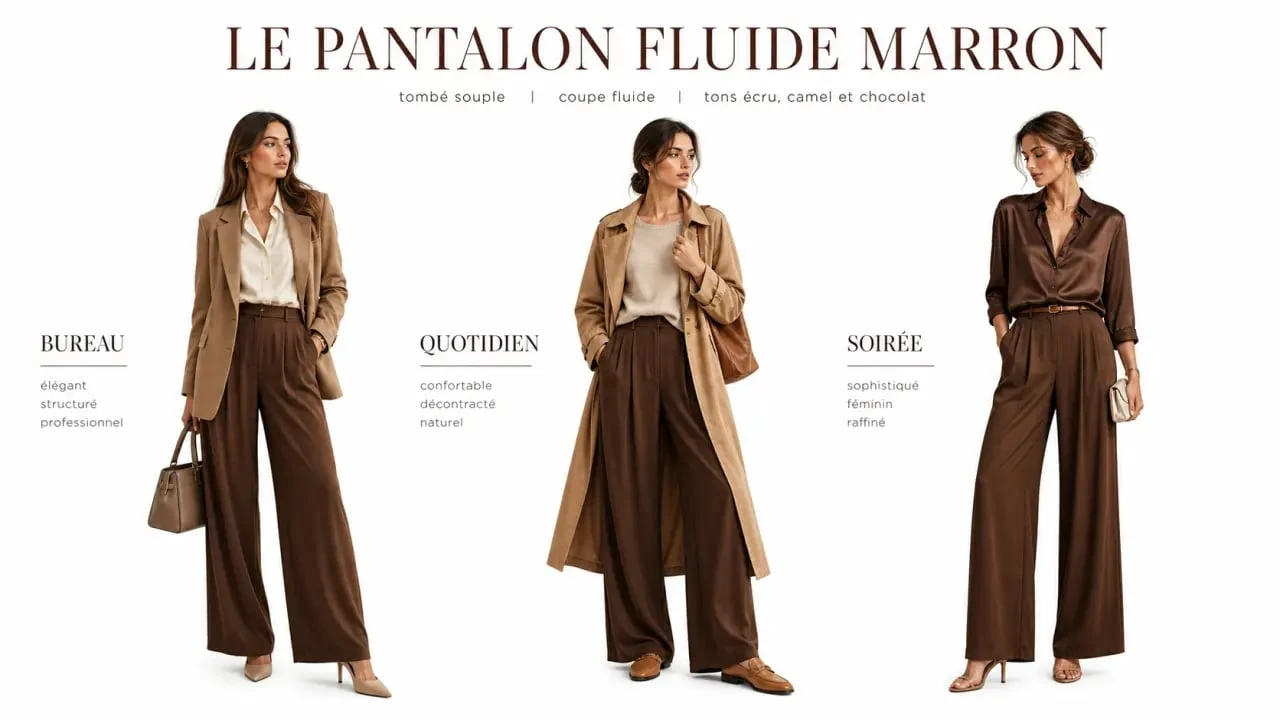 Pantalon fluide marron femme en trois looks de mode, bureau, quotidien et soirée