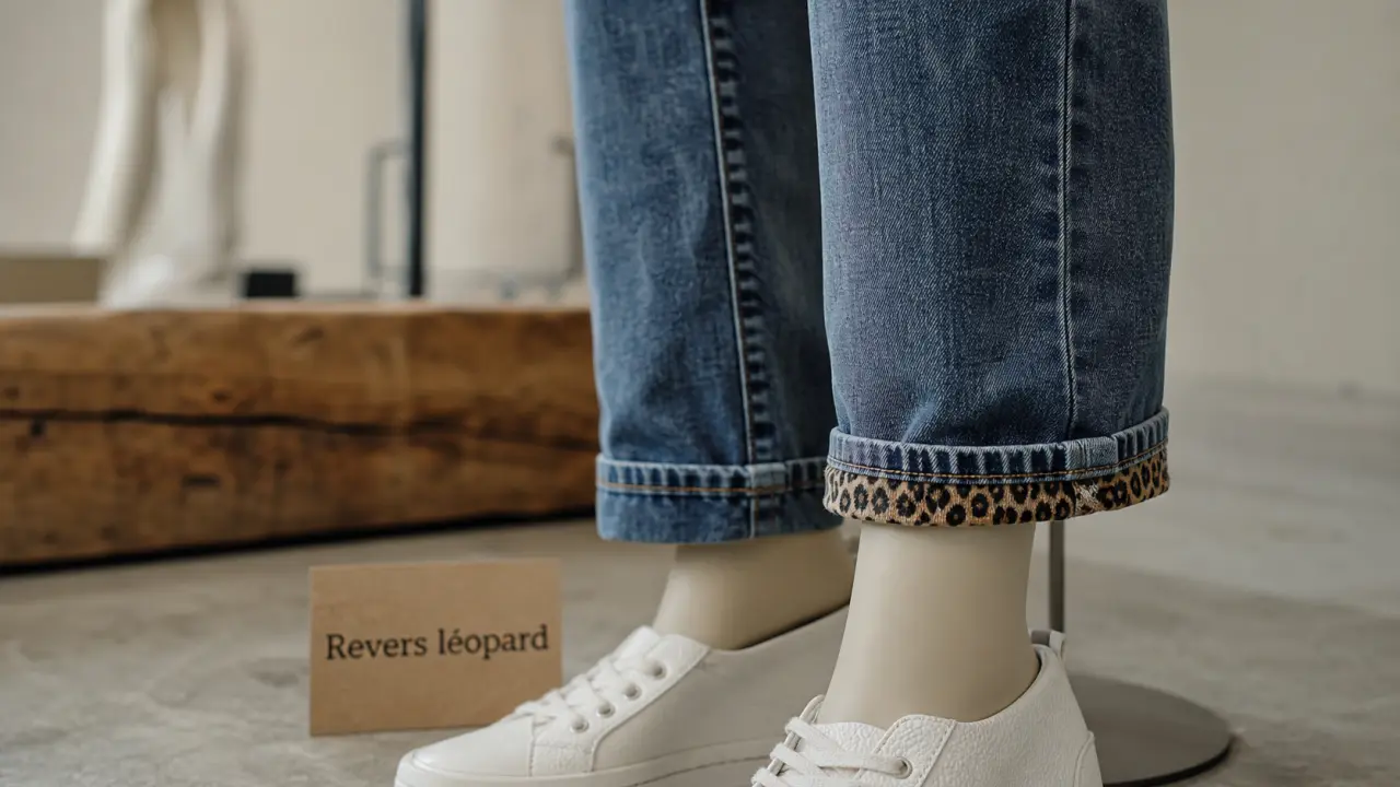 Jean a revers femme wide leg sur mannequin, revers visible