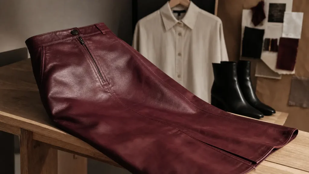 Jupe cuir bordeaux : coupe droite, nappa et prix à vérifier avant l’achat