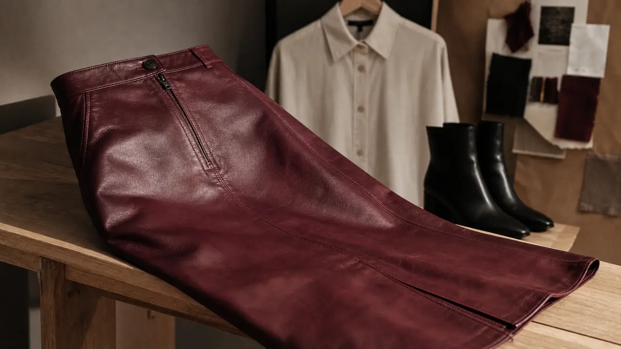 Jupe cuir bordeaux coupe droite nappa en studio, texture et coutures visibles
