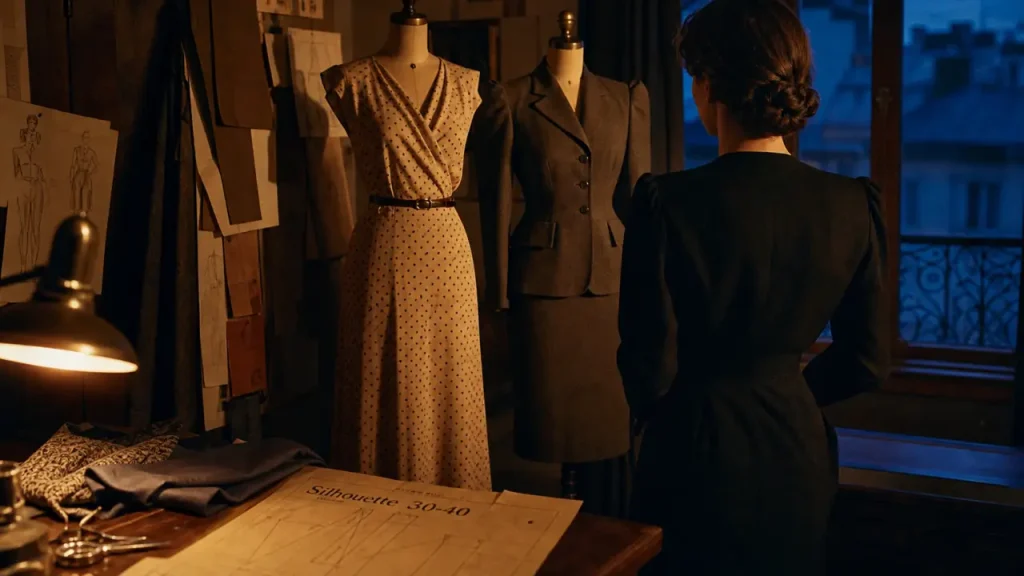 Mode femme années 30-40 : silhouettes fluides, épaules structurées et accessoires vintage