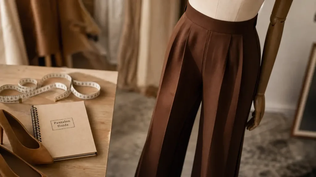 Pantalon fluide marron en studio, gros plan du tissu et tombé palazzo