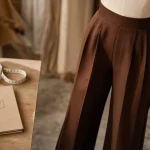 Pantalon fluide marron en studio, gros plan du tissu et tombé palazzo