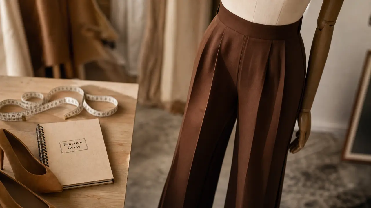 Pantalon fluide marron en studio, gros plan du tissu et tombé palazzo