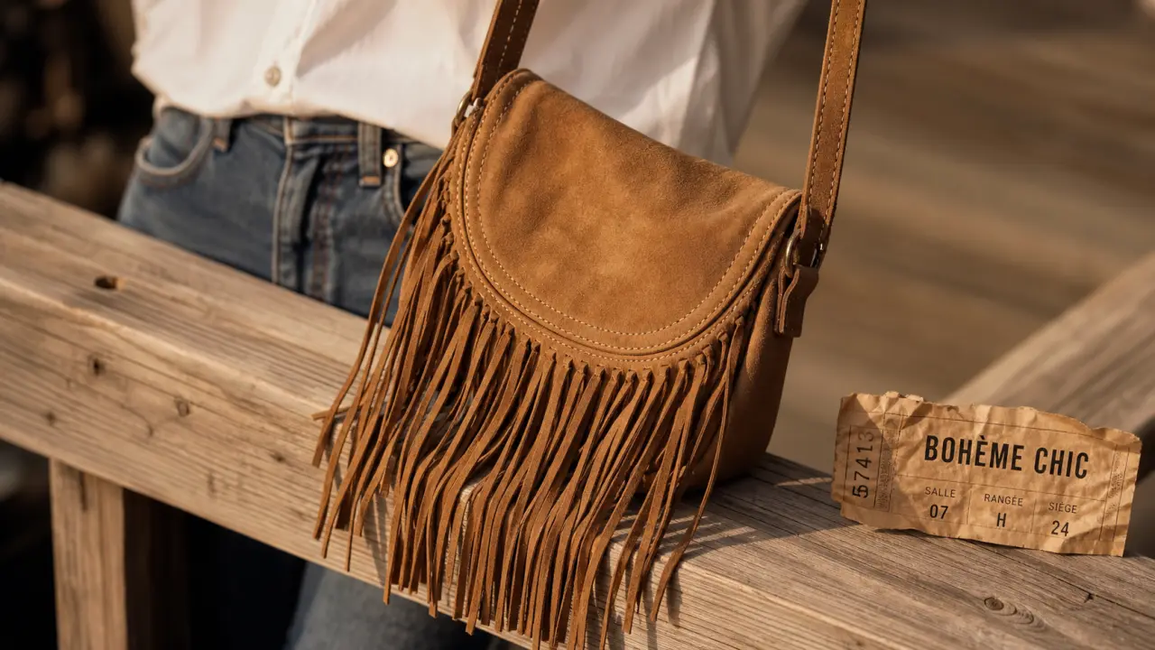 Sac a main à franges en daim camel, porté en bandoulière
