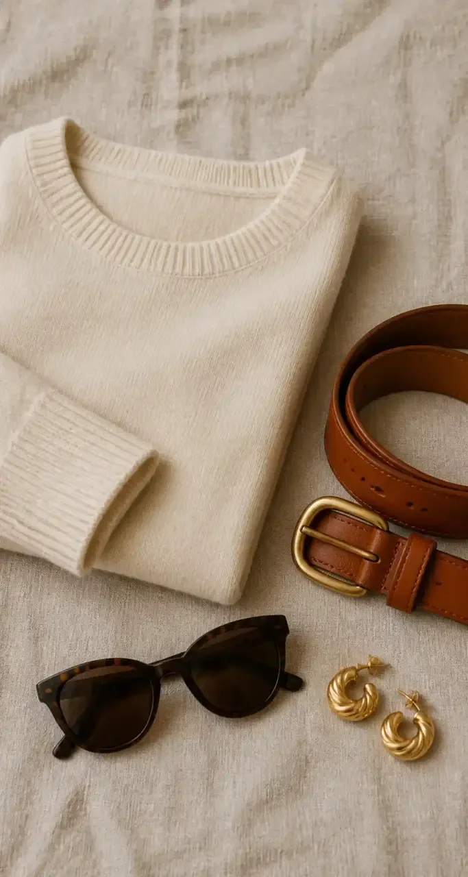 Selection de pieces de mode automne-hiver : cachemire, ceinture en cuir et accessoires