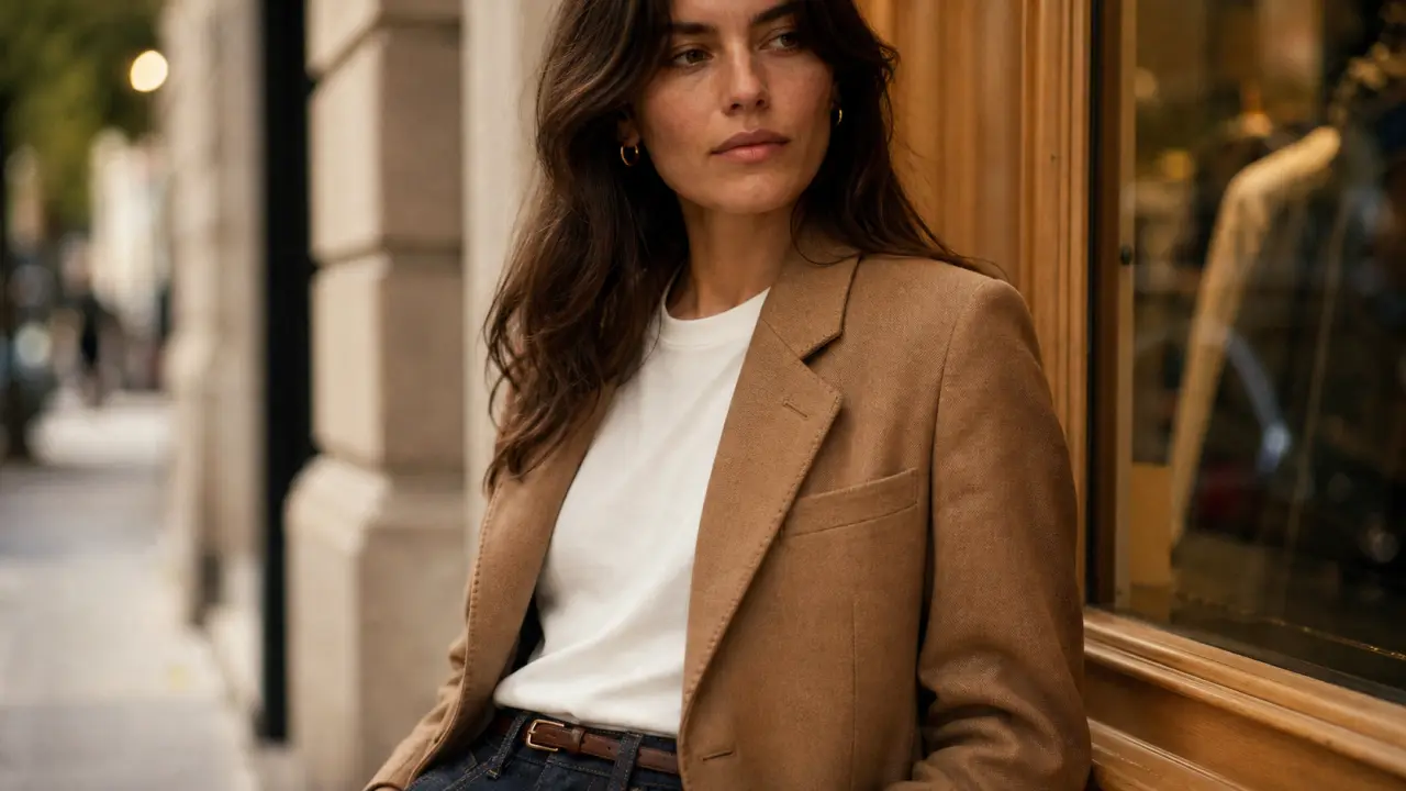 Blazer camel sur jean et t-shirt blanc, détail tissu et col tailleur