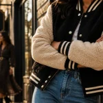 Blouson teddy femme bicolore porté en ville, look mi-saison.