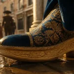 Chopine chaussure en velours bleu et brocart doré sur pavé humide