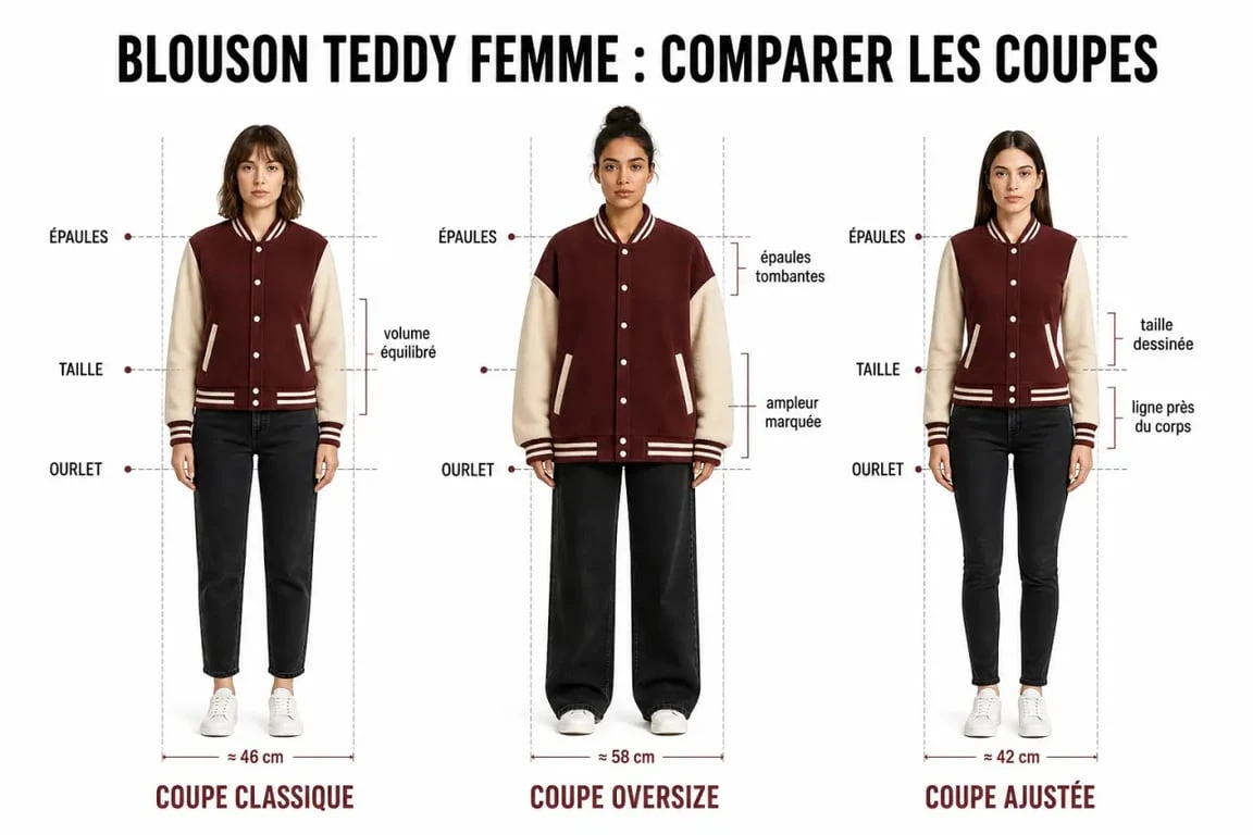 Comparaison des coupes de blouson teddy femme classique, oversize et ajustée