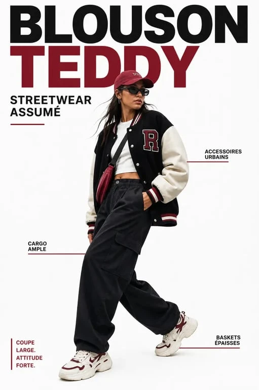 Blouson teddy femme dans un look streetwear avec pantalon cargo et baskets épaisses