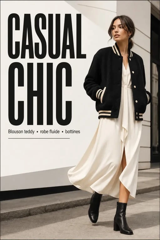 Blouson teddy femme associé à une robe fluide et des bottines pour un look casual chic