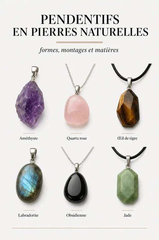 Pendentifs pierres naturelles en améthyste, quartz rose, œil de tigre, labradorite, obsidienne et jade