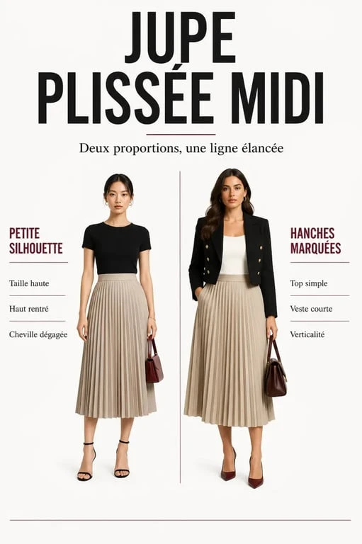 Comment porter une jupe plissée midi quand on est petite ou avec des rondeurs