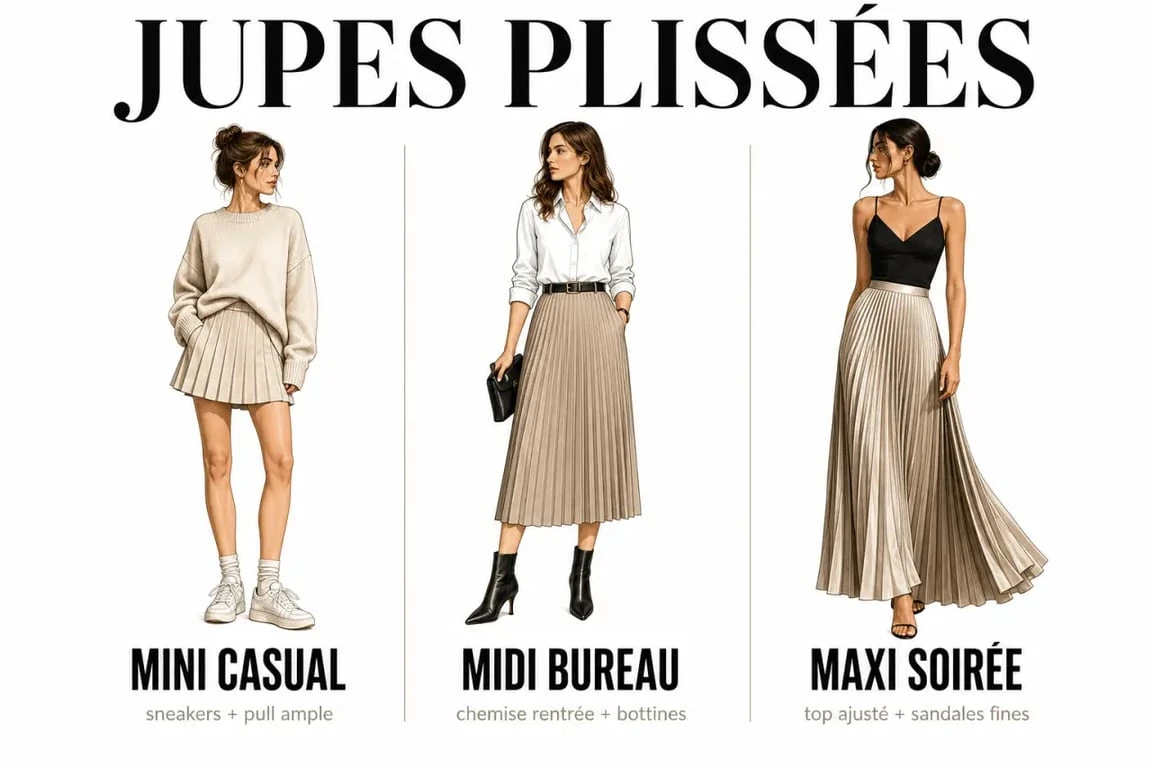 Comment porter une jupe plissée : trois looks mini, midi et maxi en style éditorial mode