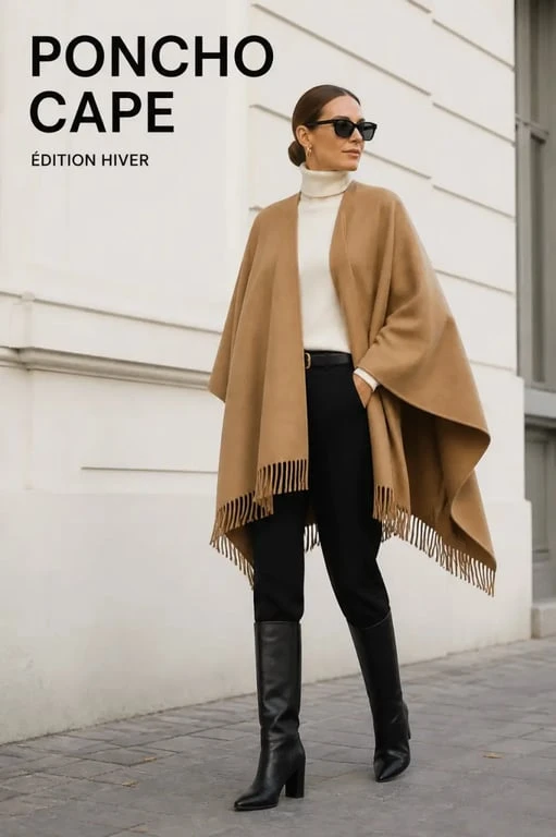 poncho cape femme porté dans une tenue urbaine élégante