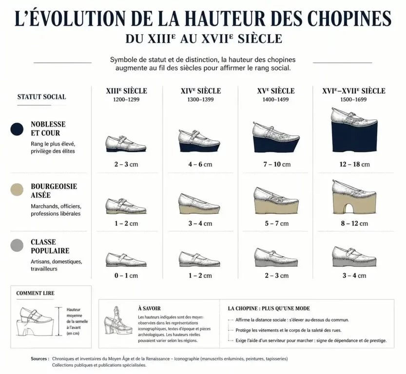 Infographie sur l'évolution de la hauteur des chopines et leur signification sociale