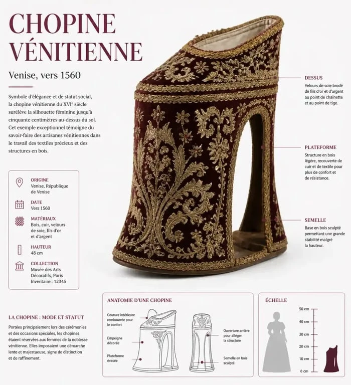 Chopine chaussure de la Renaissance en velours et brocart