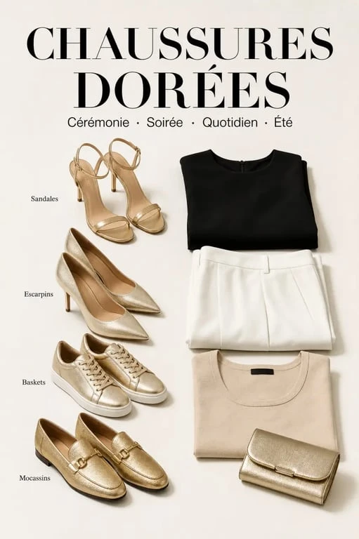 Chaussures dorées femme présentées dans une composition éditoriale de mode avec sandales, escarpins, baskets et mocassins