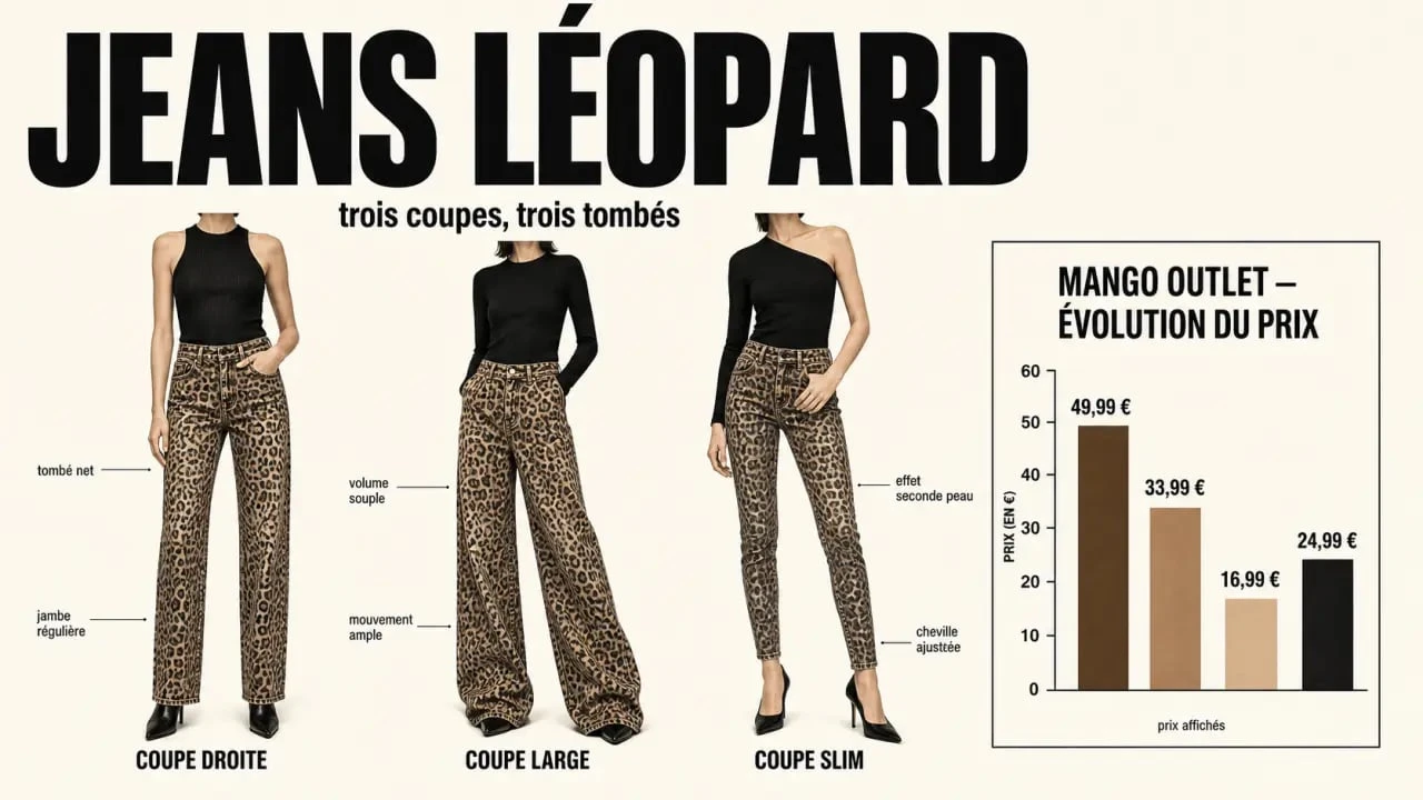 Jeans leopard femme : comparaison visuelle des coupes droite, large et slim avec repères de prix