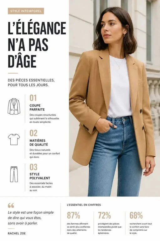 Femme portant un blazer camel élégant avec un jean et un t-shirt blanc
