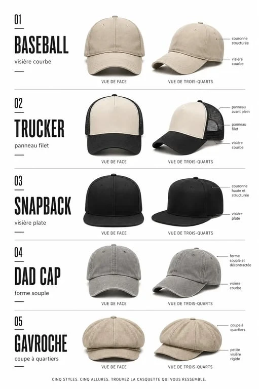 Casquette du moment : comparaison visuelle des modèles baseball, trucker, snapback, dad cap et gavroche
