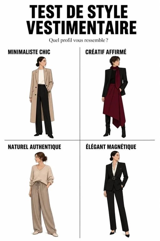 Test style vestimentaire : quatre profils de looks illustrés pour comparer minimaliste chic, créatif affirmé, naturel authentique et élégant magnétique