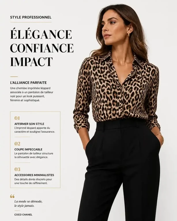 Look chemise leopard avec pantalon de tailleur pour une tenue de travail
