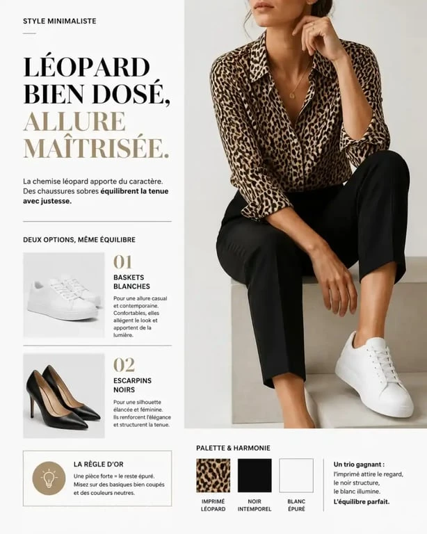 Accessoires sobres pour accompagner un look chemise leopard