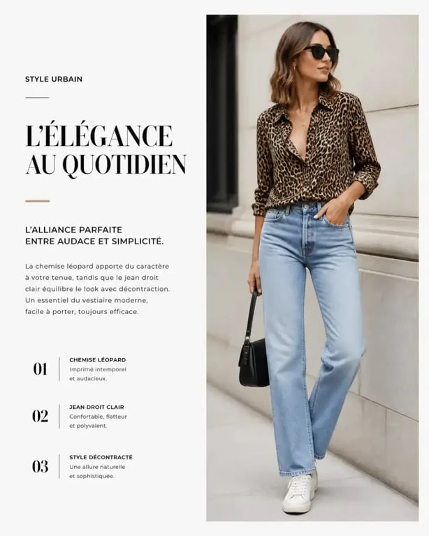 Look chemise leopard avec jean clair pour un style décontracté