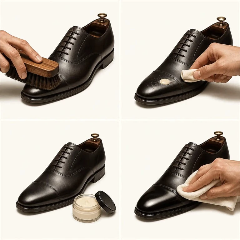 Chaussure ciré en cuir lisse : dépoussiérage, crème nourrissante, cirage et lustrage