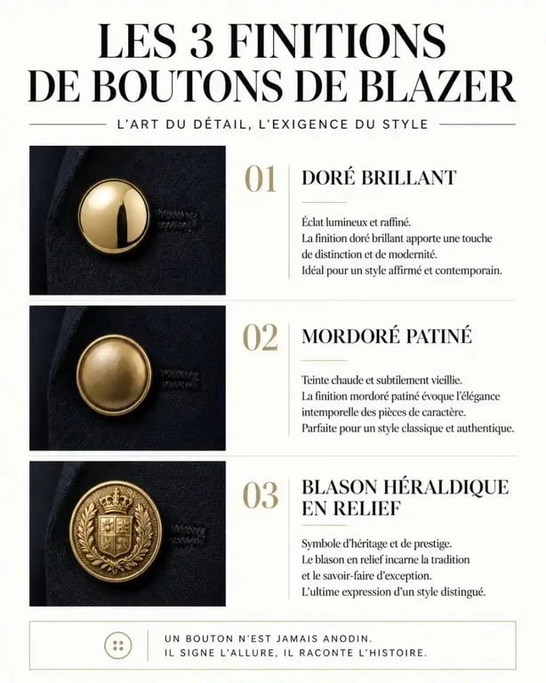 Différents types de boutons dorés pour blazer : doré, mordoré et blason