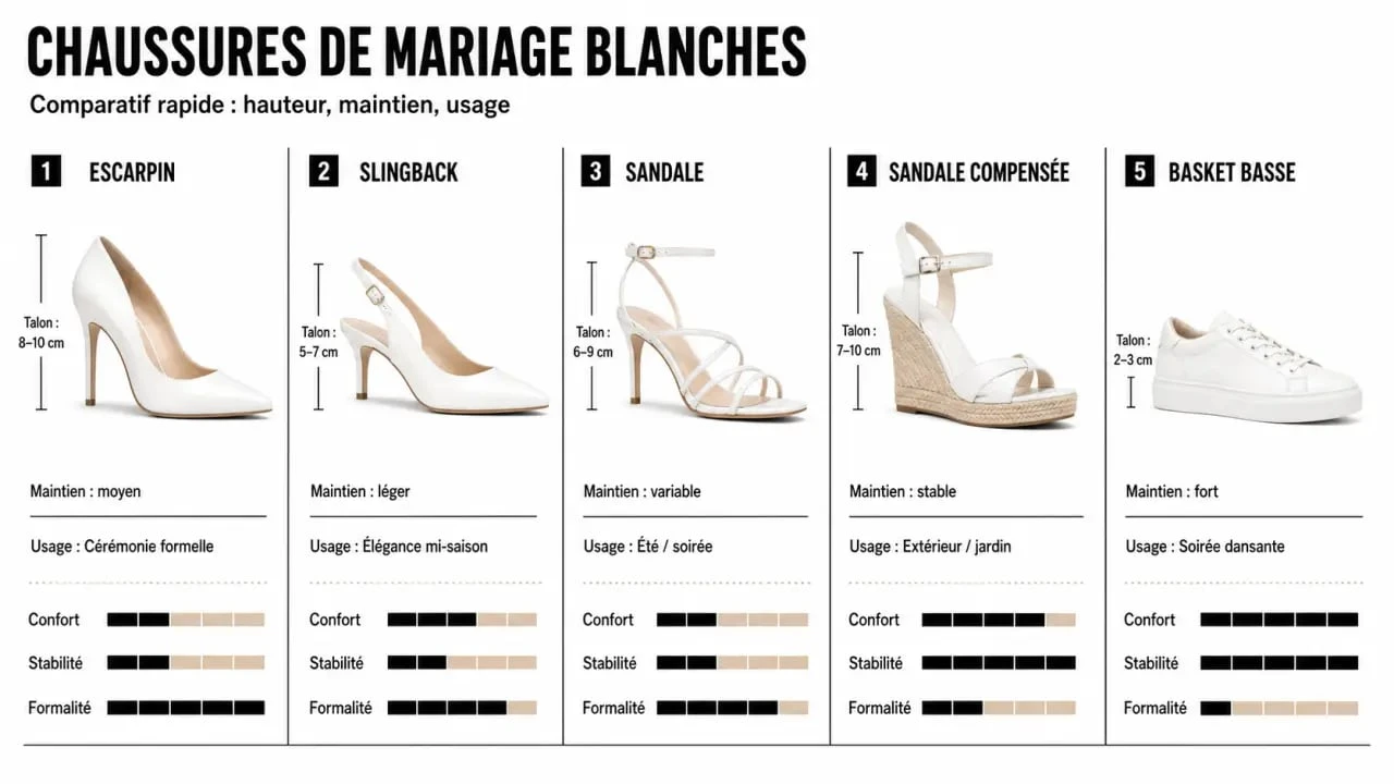 Comparatif de chaussure mariage blanche : escarpin, sandale, compensée et basket basse