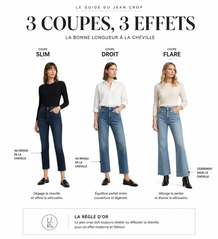 Différentes coupes de jean crop pour femme et leur rendu sur la silhouette