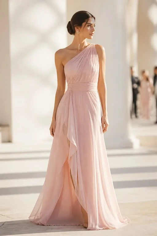 Robe ceremonie rose poudré élégante portée lors d’un mariage