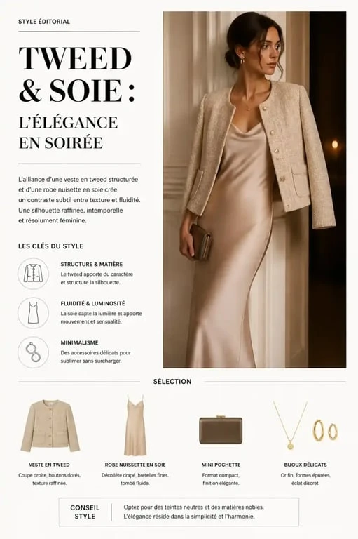 Veste en tweed beige associée à une robe en soie pour une tenue sophistiquée.