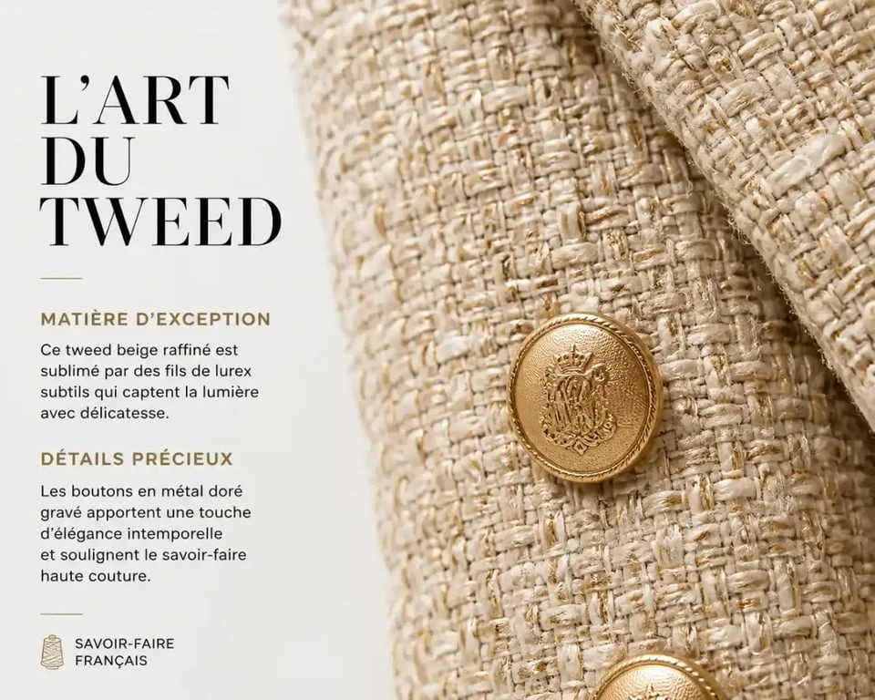 Détails de texture et finitions d'une veste en tweed beige de qualité.
