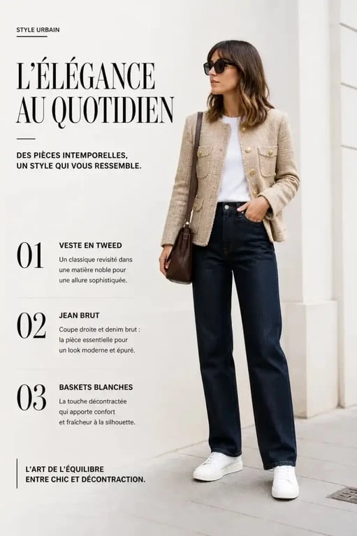 Veste en tweed beige portée avec un jean brut pour un look casual chic.