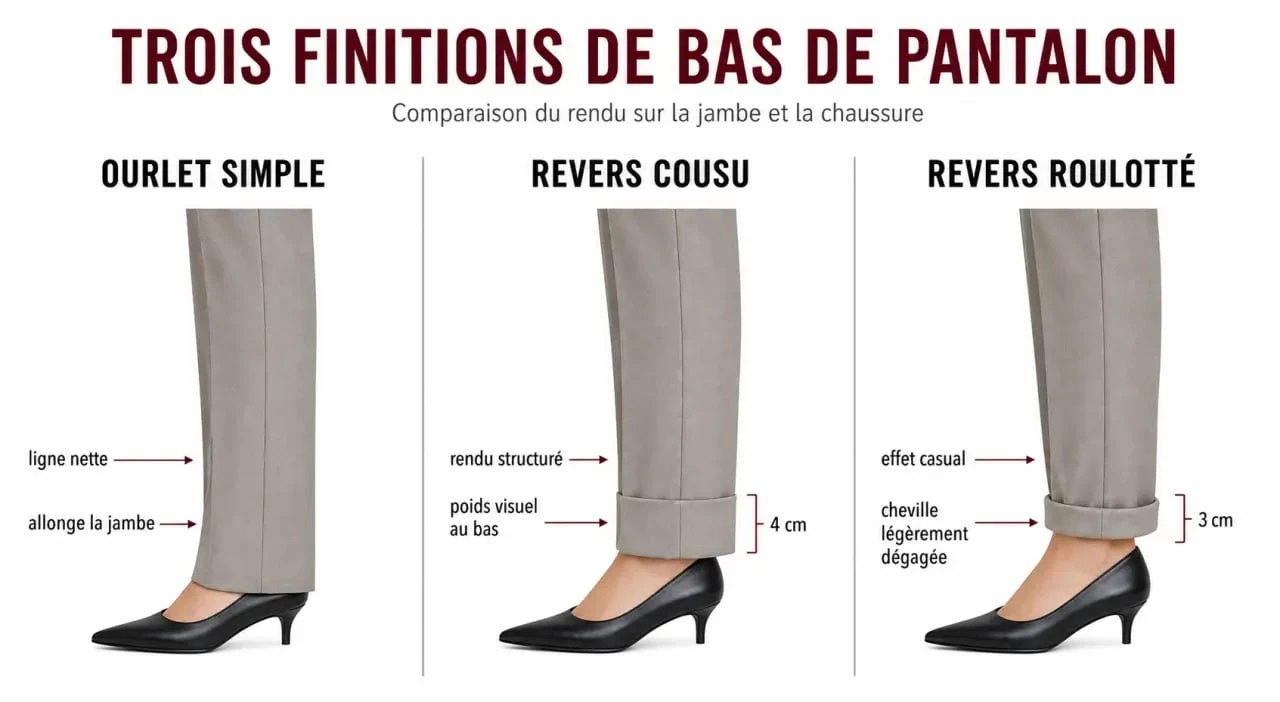 Pantalon revers comparé à l’ourlet simple et au revers roulotté pour voir l’effet sur la silhouette