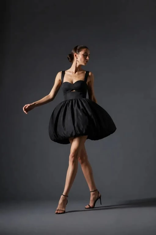 Robe ballon noire portée en vue pleine longueur, silhouette architecturale et jupe arrondie