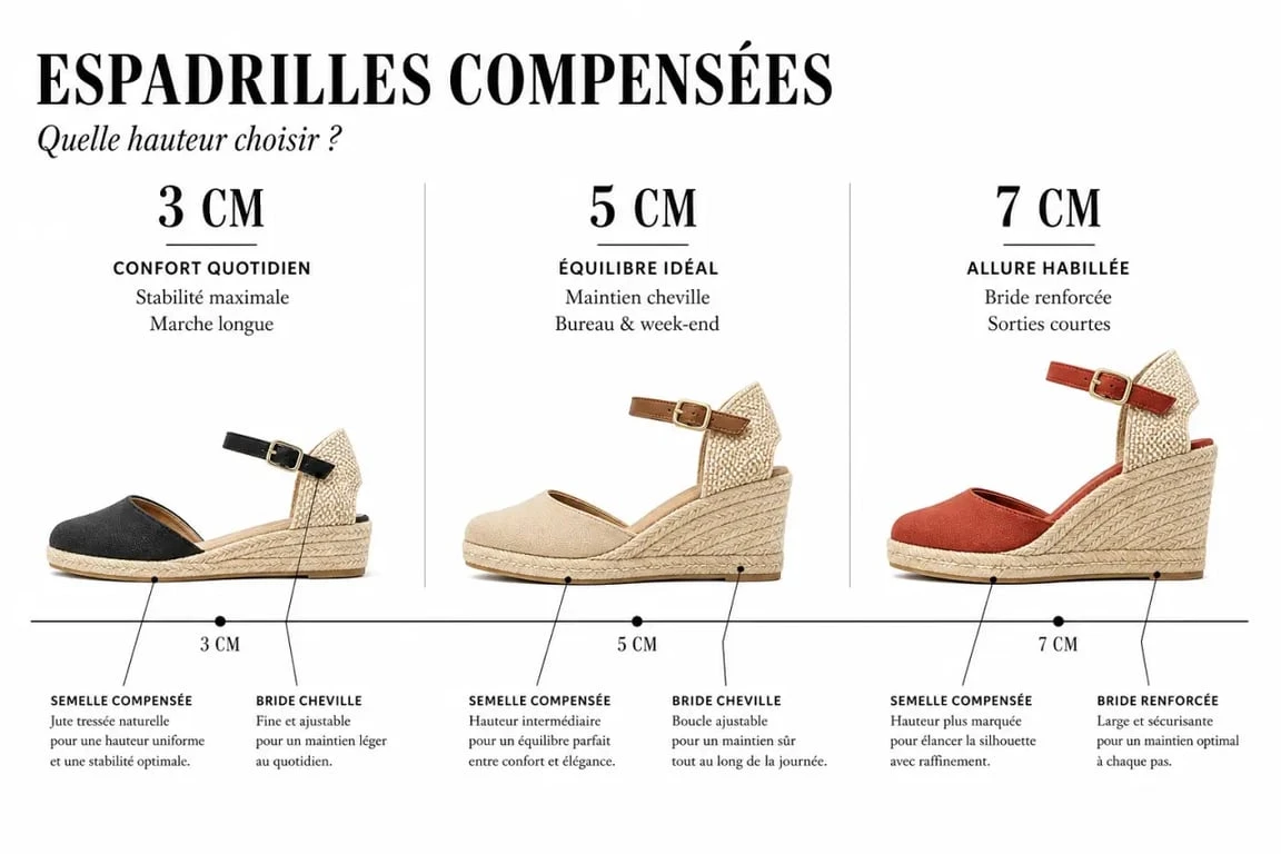 Comparatif des espadrilles à talon compensé 3 cm, 5 cm et 7 cm