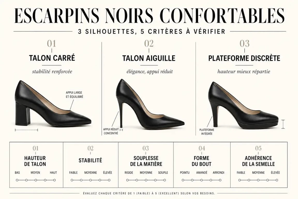 Infographie sur les escarpins noirs confortables comparant talon carré, talon aiguille, plateforme, matières et critères de confort
