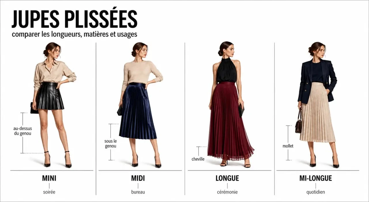 Jupe plisse : comparatif visuel des longueurs et styles