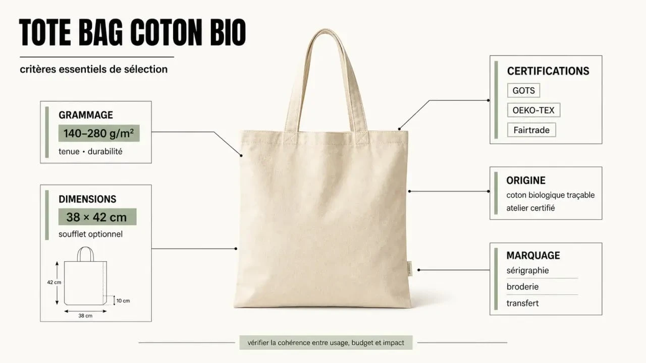 Tote bag coton bio : critères de choix visualisés dans une illustration éditoriale